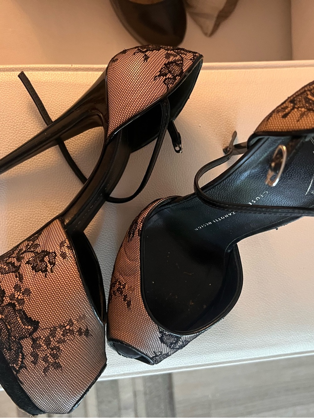 Giuseppe Zanotti Black Lace Peep-Toe Platform Heels